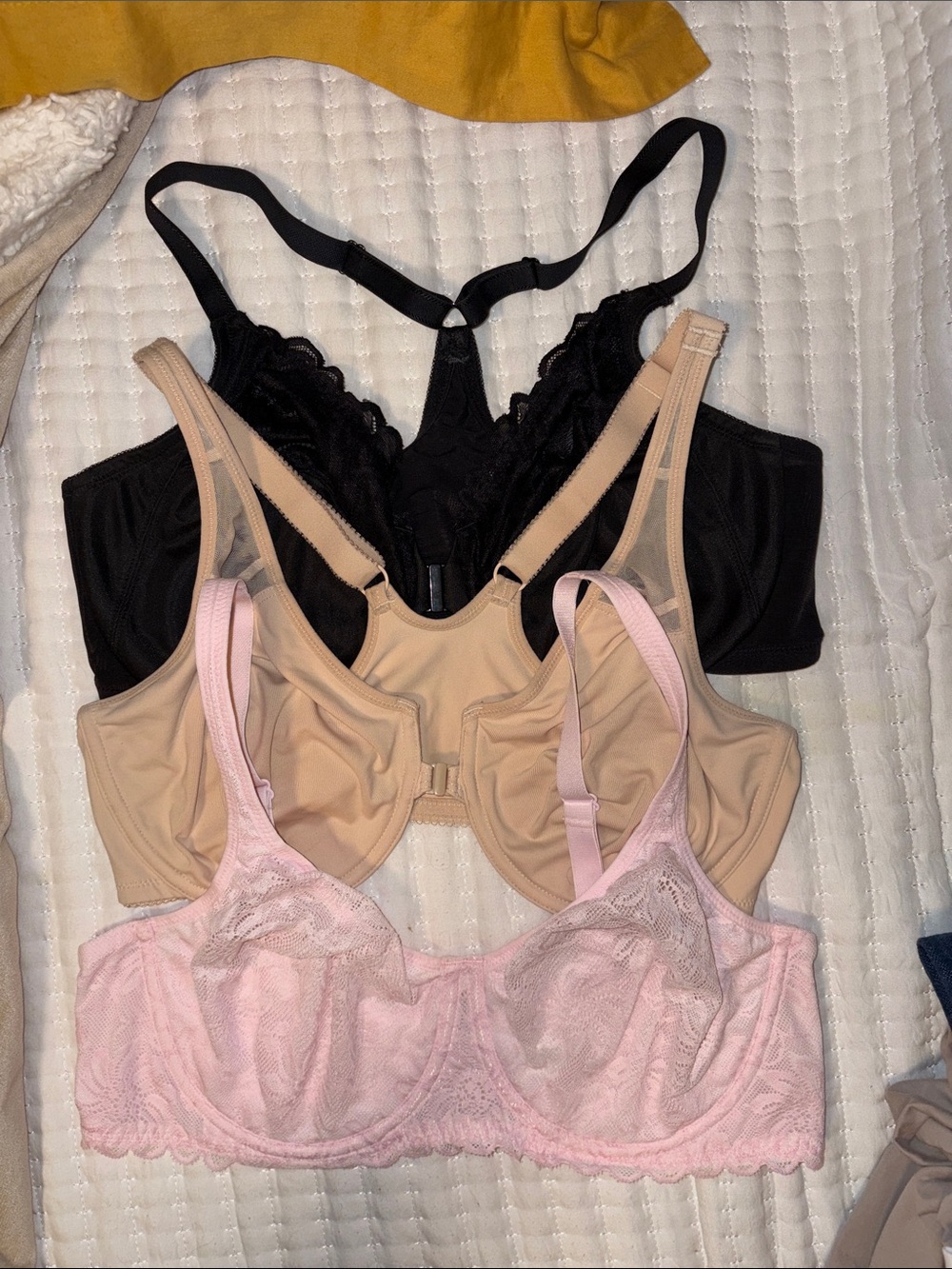 3 Bras 38D: Pink Lace, Nude, Black